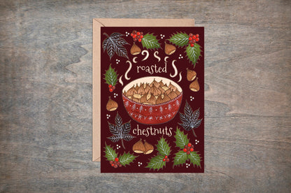 Roasted Chestnuts Greetings Card & Envelope - Red Brown Bowl Of Chestnuts Festive Card - Winter Christmas Food Holly Berries Illustration