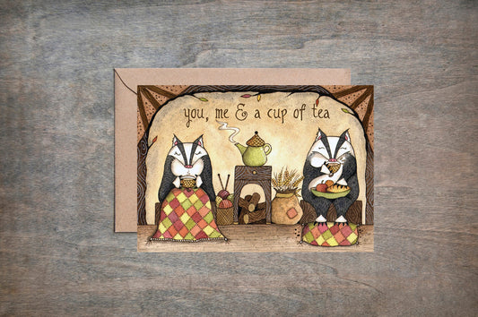 Badger Valentines Day Card & Envelope - Cosy Badgers Drinking Tea Card - Whimsical Nature Teapot Birthday Anniversary Love Birthday Card