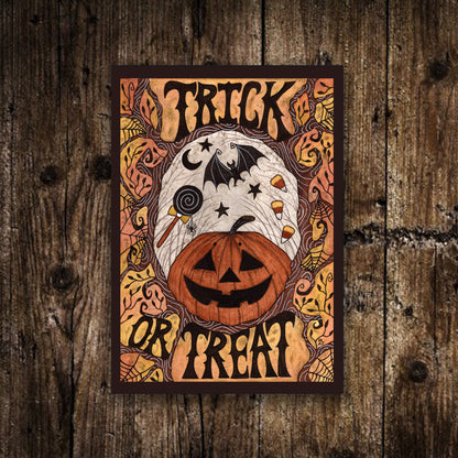 Mini Trick Or Treat Print - Small Halloween Candy Illustration - Mini Gothic Pumpkin Postcard Print - Jack-O-Lantern Moon Bats Spooky Art