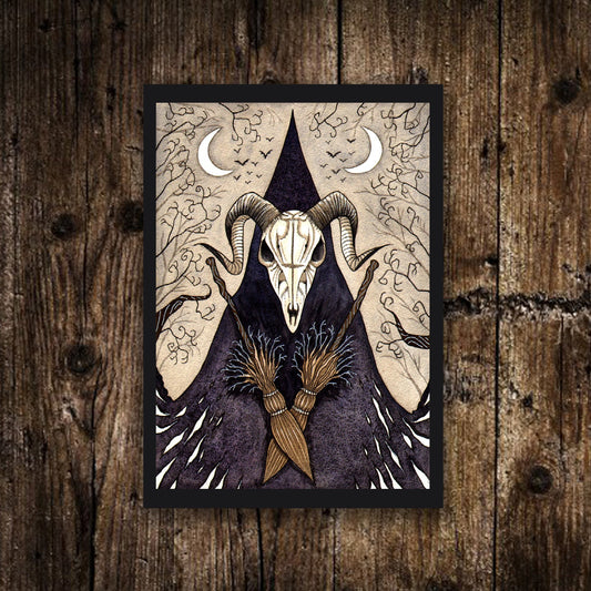 Mini A6 Witch Skull Print - Small Witchy Goat Illustration - Mini Gothic Postcard Print - Witches Broomstick Moon Bats Spooky Watercolour