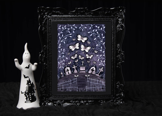 Twilight Butterflies Print - Purple Graveyard A5 - A4 - A3 Watercolour Art - Gothic Spooky Cute Lolita Decor - Blue Midnight Gravestones