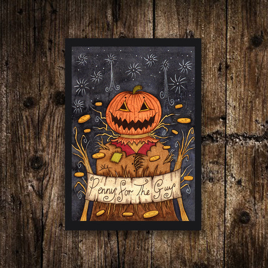 Mini A6 Pumpkin Guy Print - Small Bonfire Night Illustration - Mini Penny For The Guy Postcard Print - Jack-O-Lantern Autumn Halloween Art