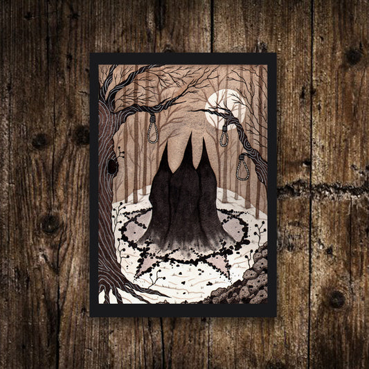 Mini A6 Winter Coven Print - Small Witches Coven Pentagram Illustration - Mini Gothic Witchy Postcard Print - Black Sepia Spooky Watercolour