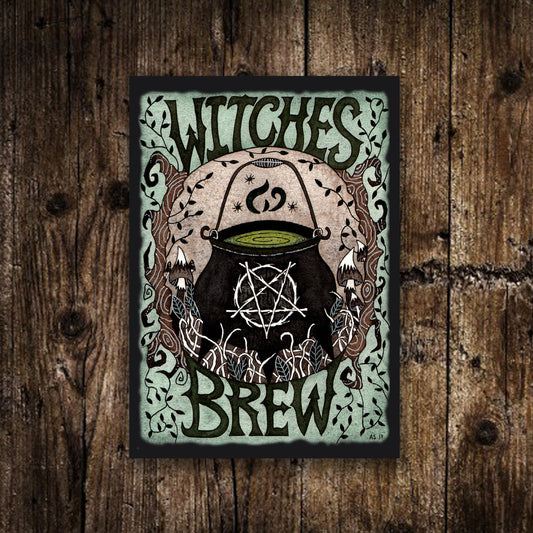 Mini A6 Witches Brew Print - Small Witches Black Cauldron Illustration - Mini Gothic Witchy Postcard Art - Spooky Green Halloween Decor