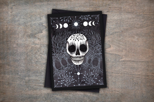 As Above So Below Greetings Card & Envelope - Spooky Celestial Triple Moon Stars Card - Gothic Blue Black Decorated Skull Witchcraft Card