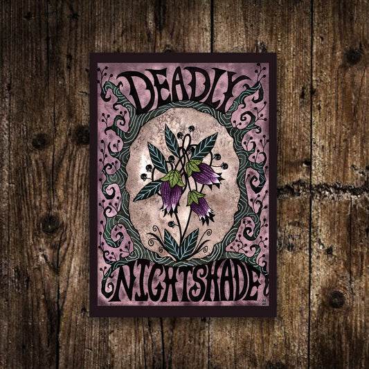 Mini A6 Deadly Nightshade Print - Small Purple Green Witches Garden Illustration - Gothic Witch Postcard Art Print - Spooky Poisonous Decor