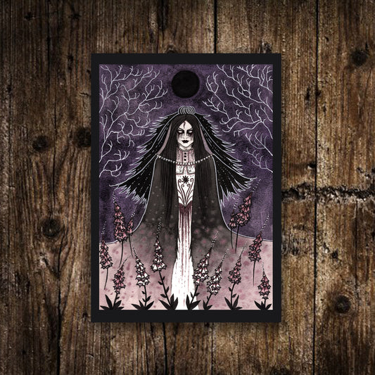 Mini A6 Foxglove Bride Print - Small Purple Ghostly Apparitions Illustration - Gothic Witch Foxglove Postcard Print - Spooky Poisonous Decor