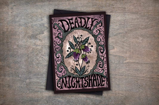 Deadly Nightshade Greetings Card & Envelope - The Witches Garden Botanical Card - Gothic Witch Purple Poisonous Flowers Watercolour Card