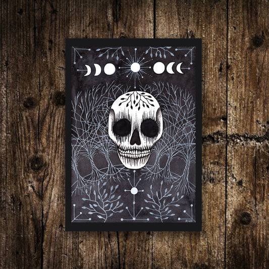 Mini A6 As Above So Below Print - Small Blue Black Skull Illustration - Gothic Witch Moon Stars Postcard Print - Spooky Skull Art Decor