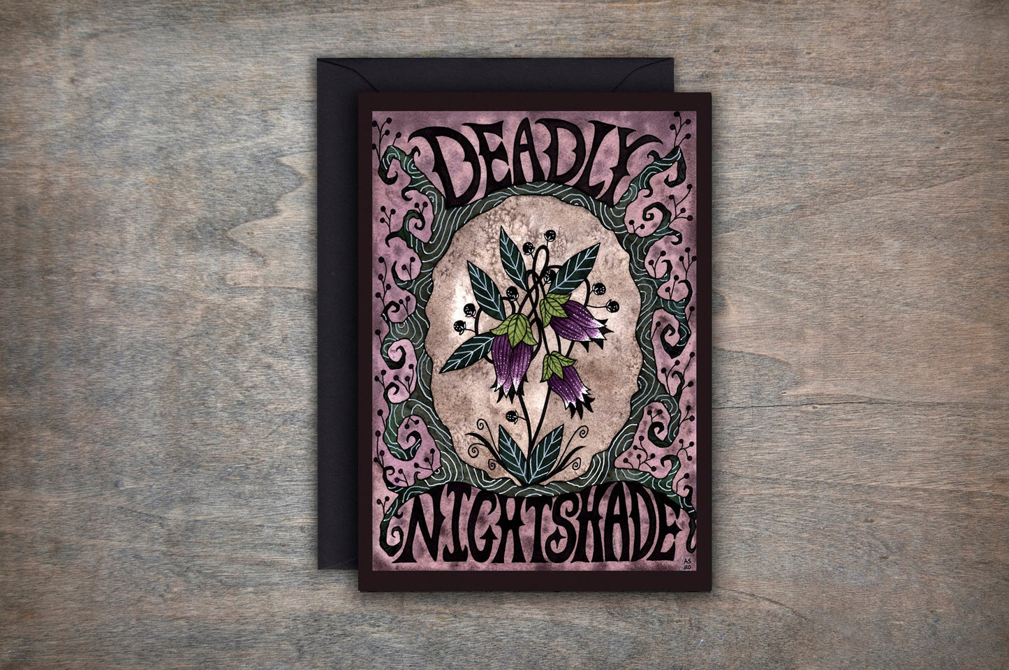 Deadly Nightshade Greetings Card & Envelope - The Witches Garden Botanical Card - Gothic Witch Purple Poisonous Flowers Watercolour Card