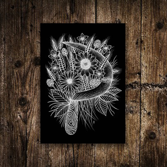 Mini Autumn Sickle Print - Small A6 Lughnasadh Illustration - Sunflower Wheat Blackberries - Black Or White White Harvest Postcard Print