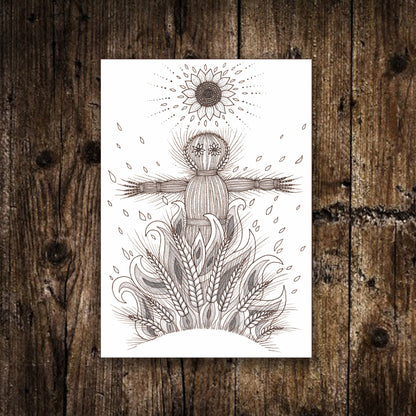 Mini John Barleycorn Print - Small A6 Wicker Man Illustration - Mini Black Or White Pagan Folklore Postcard Print - Spooky Corn Dolly Art