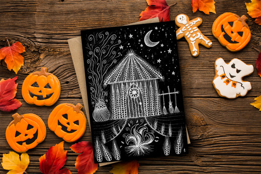 Witches Cottage Greetings Card & Envelope - Black And White Witchcraft Cauldron Cabin Illustrated Card - Wicker Witches House Halloween Card