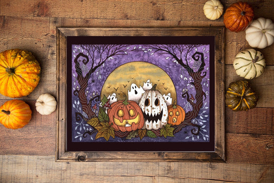 Autumn Night Print - Whimsical Jack-O-Lantern A5 - A4 - A3 Watercolour Art - Halloween Purple Orange Pumpkin Gourd - Spooky Ghost Decoration