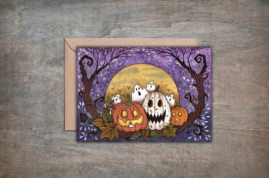 Autumn Night Greetings Card & Envelope - Whimsical Jack-O Lantern Halloween Card - Purple Orange Pumpkin Gourd Samhain Greetings Gift