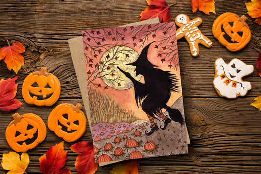 Moonlight Flight Greetings Card & Envelope - Retro Vintage Halloween Witch Silhouette Card - Orange Leaves Pumpkin Patch Spooky Samhain Card