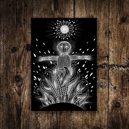 Mini John Barleycorn Print - Small A6 Wicker Man Illustration - Mini Black Or White Pagan Folklore Postcard Print - Spooky Corn Dolly Art