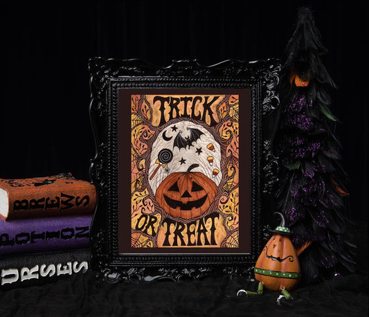 Trick Or Treat Print - Halloween Candy A5 - A4 - A3 Watercolour Art - Gothic Spooky Orange Black Halloween Pumpkin Jack-O-Lantern Decor