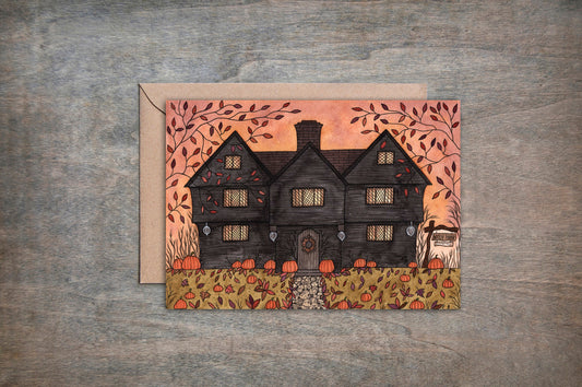 The Witch House Greetings Card & Envelope - Halloween Witch Card - Autumn Leaves Pumpkin Jack-O-Lantern Gift - Samhain All Hallows' Eve Card