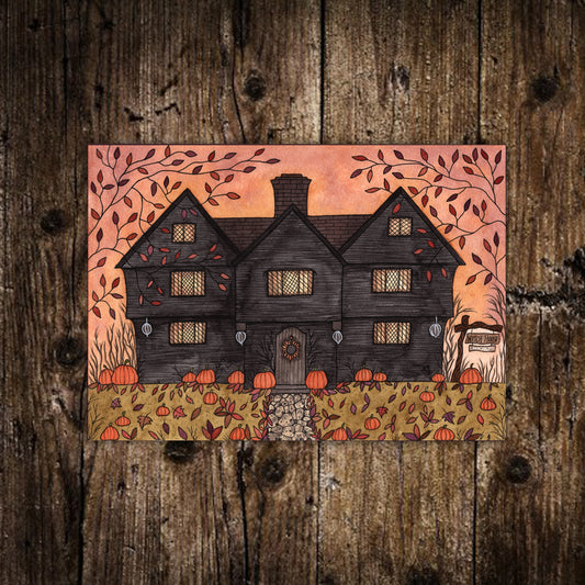 Mini Witch House Print - Small A6 Watercolour Salem Witch House Illustration - Mini Pumpkin Halloween Samhain Autumn Leaves Postcard Print