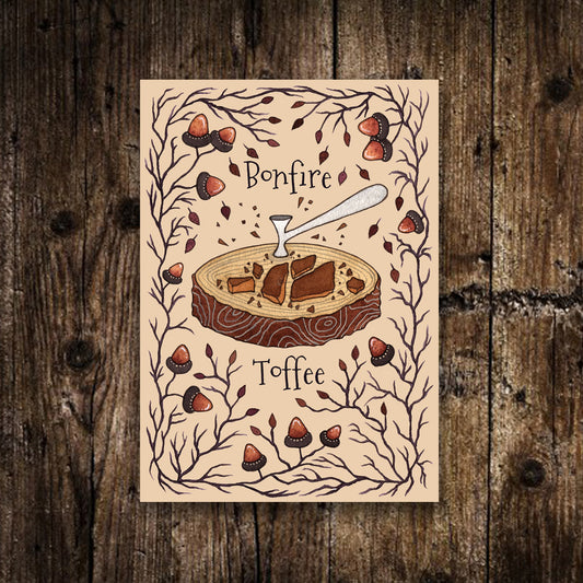 Mini Bonfire Toffee Print - Small A6 Bonfire Night Toffee Illustration - Mini Seasonal Food Postcard Print - Cosy Guy Fawkes Night Art