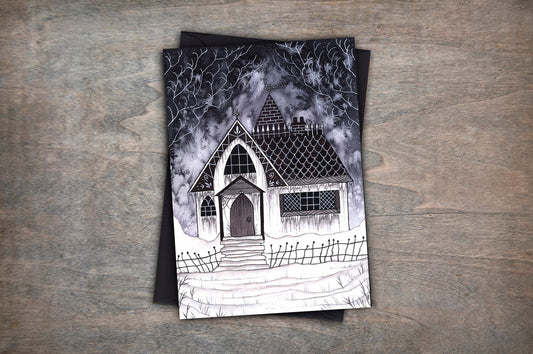 Winter At Foxglove Manor Greetings Card & Envelope - Gothic Spooky House Christmas Card - Blue Black Victorian Pagan Yule Winter Card