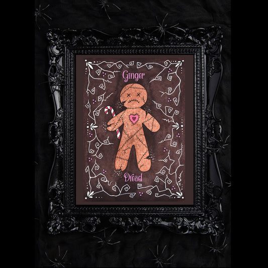 Ginger Dread Print - A5 - A4 - A3 Gothic Dead Gingerbread Figure Watercolour - Brown Pink Whimsical Bakery Art - Valentine Love Heart Print