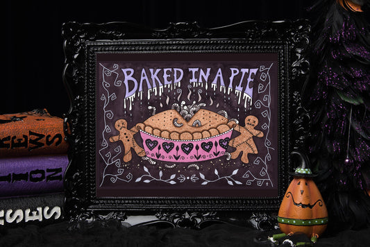 Baked In A Pie Print - A5 - A4 - A3 Gothic Spooky Bakery Watercolour - Brown Pink Purple Whimsical Maggot Pie Art - Gingerbread Love Hearts