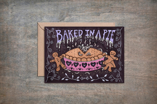 Baked In A Pie Greetings Card & Envelope - Gothic Spooky Maggot Pie Card - Purple Pink Creepy Cute Bakery Gingerbread Love Heart Card