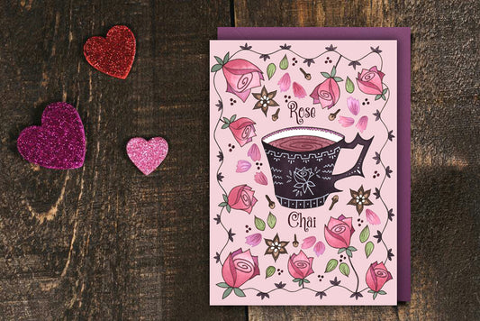 Rose Chai Card & Envelope - Romantic Pink Rose Spiced Chai Tea Card - Valentines Day Love Vintage Roses Card - Victorian Teacup Card