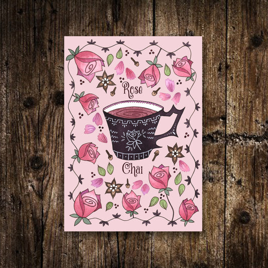 Mini A6 Rose Chai Print - Romantic Spiced Rose Chai Tea Illustration - Watercolour Pink Rose Bud Petals Vintage Victorian Postcard