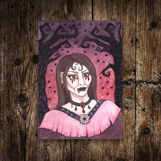 The Huntress Mini A6 Print -  Small Watercolour Gothic Victorian Vampire Portrait Illustration - Purple Red Night Sky Postcard Decoration