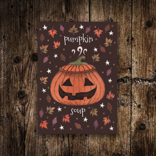 Mini Pumpkin Soup Print - Small A6 Cosy Halloween Pumpkin Illustration - Jack-O-Lantern Autumn Leaves Postcard - Spooky Kitchen Decoration