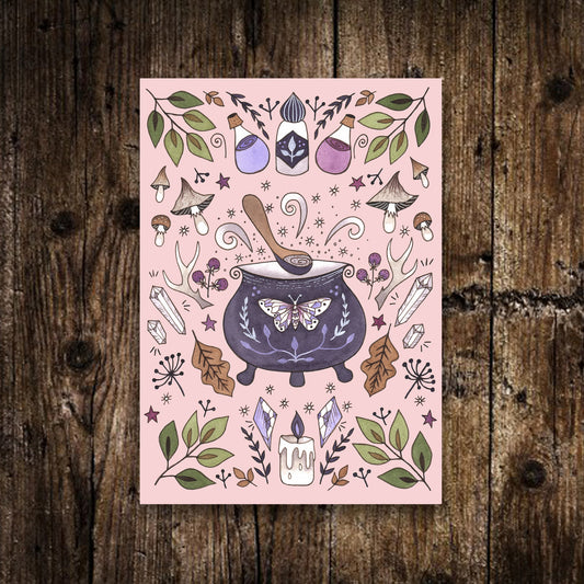 Mini A6 Kitchen Witch Print -  Small Cute Pink Purple Witchy Ingredients Illustration - Watercolour Cauldron Plant Mushroom Crystal Postcard