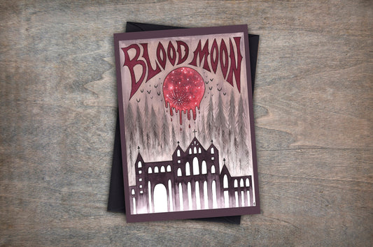 Blood Moon Greetings Card & Envelope - Spooky Gothic Castle Card - Vampires Cathedral Blood Moon Sky - Black Red Sepia Watercolour Card