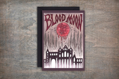 Blood Moon Greetings Card & Envelope - Spooky Gothic Castle Card - Vampires Cathedral Blood Moon Sky - Black Red Sepia Watercolour Card