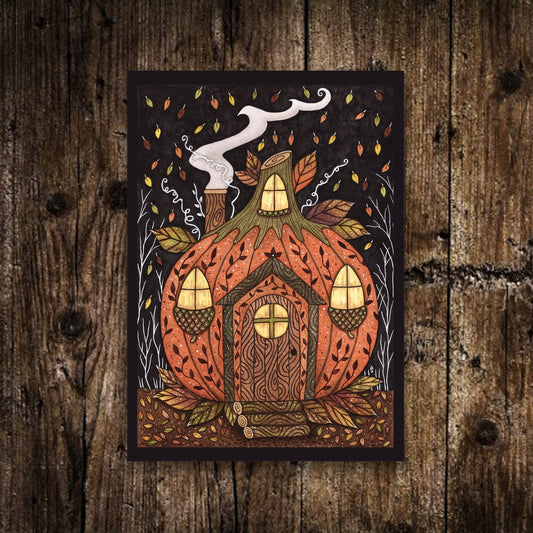 Mini Pumpkin House Print - Small A6 Whimsical Pumpkin Fairy Pixie Cottage Illustration - Mini Halloween Autumn Pumpkin Patch Postcard Print