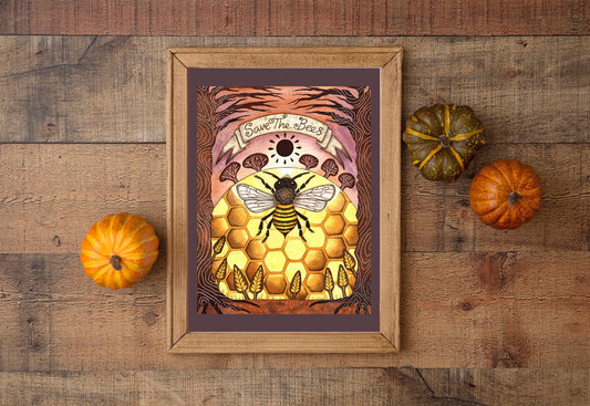 Save The Bees Print - Watercolour Honey Bee A5 - A4 - A3 Illustration Print - Yellow Honey Bee Wall Art - Orange Beehive Spring Summer Art