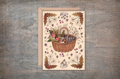 The Forager's Basket Greetings Card & Envelope - Whimsical Cottage Garden Basket Card - Rustic Spring Summer Mushroom Berry Foraging Card