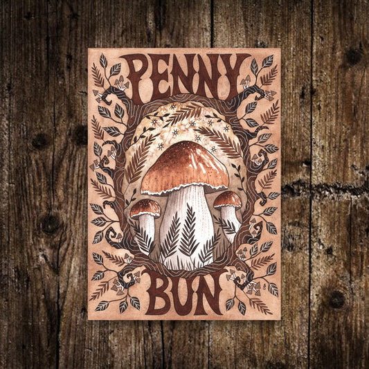 Mini A6 Penny Bun Print - Small Penny Bun Mushroom Illustration - Brown Rustic Fungi Foraging Art Print - Whimsical Woodland Cottage Decor