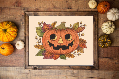 Pumpkin Head Print - Whimsical Autumn Jack-O-Lantern - A4 - A3 Watercolour Wall Art - Golden Orange Leaves Acorns Halloween Decoration