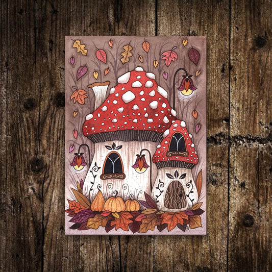 Mini Toadstool Cottage Print - Small A6 Whimsical Mushroom Fairy Pixie House Illustration - Cosy Halloween Autumn Pumpkin Cottagecore Print