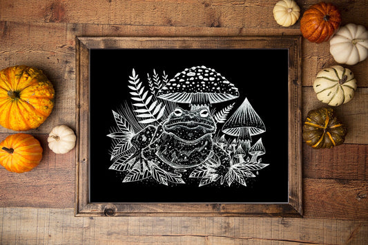 Mushroom Toad Print - Black And White Whimsical Toadstool Fern Toad  - A4 - A3 Watercolour Wall Art - Witchy Goblincore Cottagecore Print