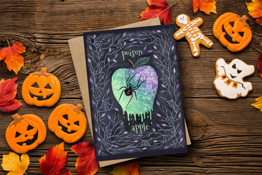 Poison Apple Greetings Card & Envelope - Spooky Poisonous Spider Candy Apple Halloween Card - Black Widow Spider Cobweb Greetings Card