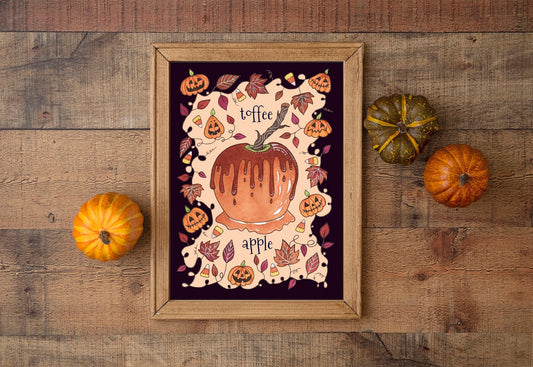 Toffee Apple Print - A5 - A4 - A3 Halloween Candy Apple Illustration Print - Candy Corn Jack-O-Lantern Spooky Cute Bonfire Night Decoration