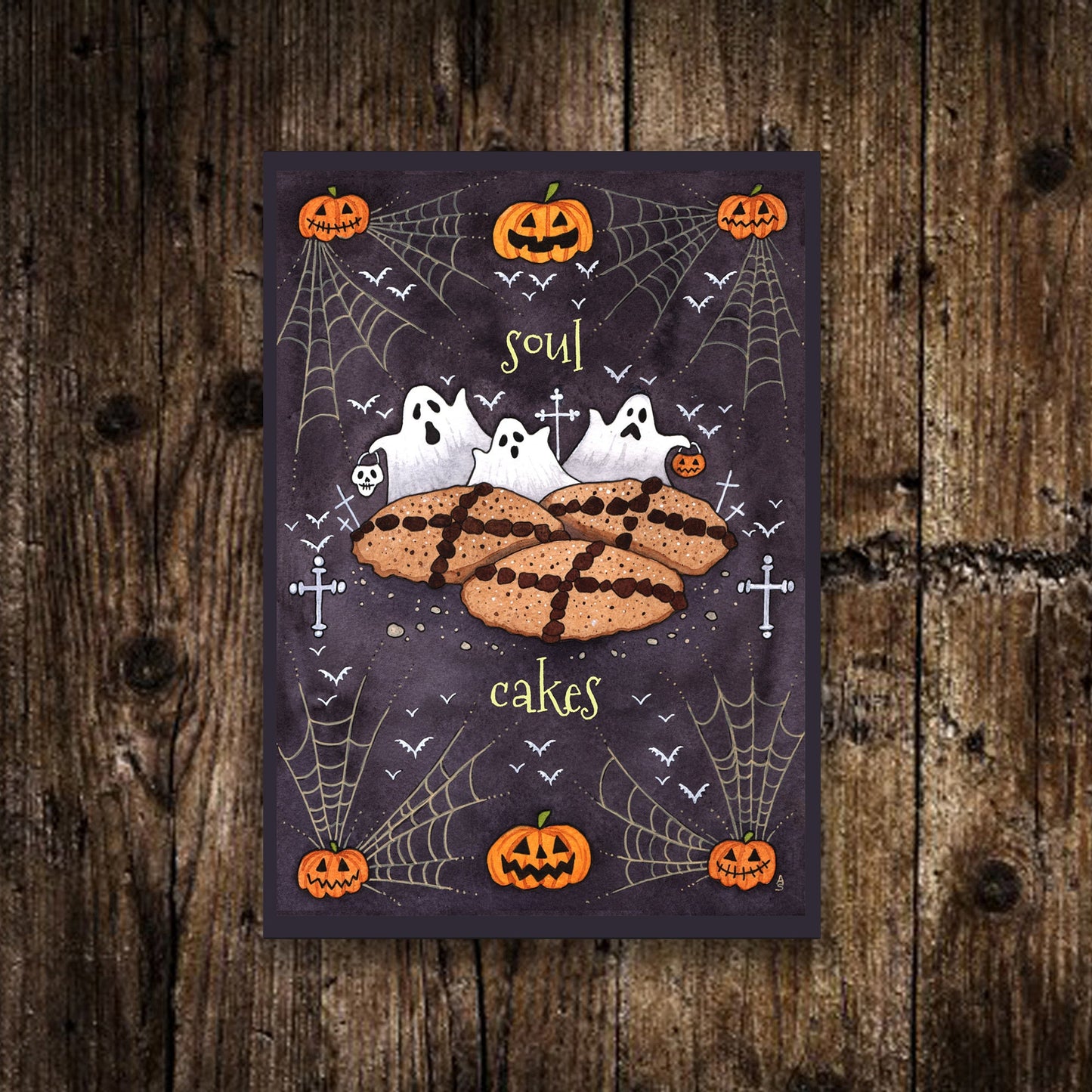 Mini Soul Cakes Print - Small A6 Spooky Halloween All Hallows Eve Samhain Baking Illustration - Trick Or Treat Ghost Bat Cobweb Decoration