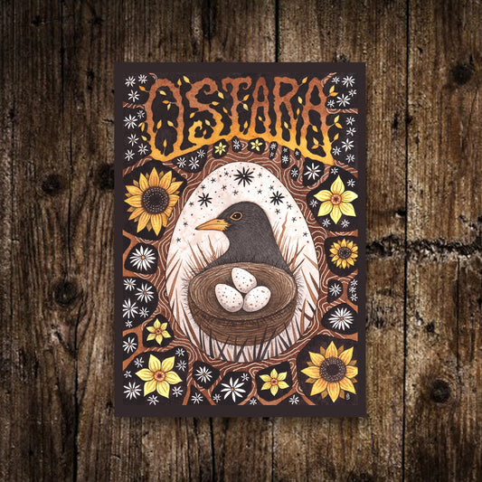 Mini A6 Ostara Print - Small Watercolour Blackbird Nest Postcard - Easter Egg Yellow Black Floral Postcard - Spring Equinox Pagan Altar Art