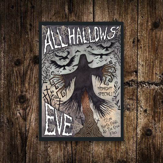 Mini All Hallows' Eve Print - Small A6 Spooky Halloween Scarecrow Illustration - Mini Halloween Postcard - Vintage Retro Style Horror Art