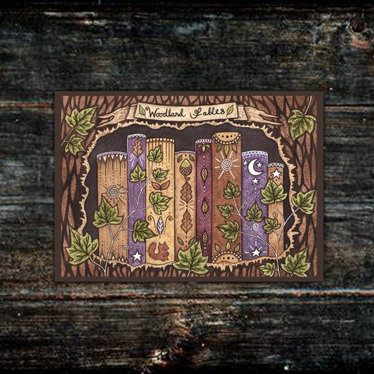 Mini A6 Woodland Fables Print - Small Whimsical Witchy Bookshelf Illustration - Brown Rustic Booklover library Bookstack Nook Wall Art