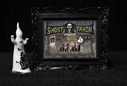 Ghost Train Print - Spooky Funfair Horror Ride A5 - A4 - A3 Halloween Horror Wall Art - Retro Vintage Style Dark Ride Fairground Decoration